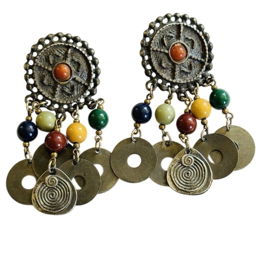 VTG BOHO earrings Cabochon Dangle Retro Pierced Chunky Statement Chandelier 70s